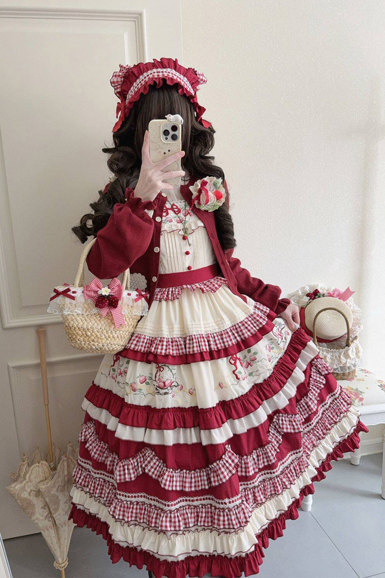 Crimson Strawberry Basket Square Neck Multi-Layer Print Ruffled Embroidered Bow Sweet Lolita JSK