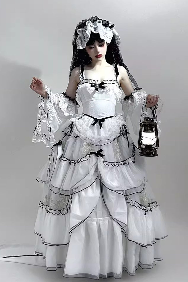 Cascade Poem Sleeveless Multi-Layered Ruffled Hanayome Bow Lace Gothic Plus Size Gorgeous Lolita JSK Long Dress - White