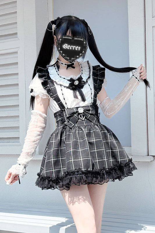 Black Plaid Bow Ruffle Lace Jirai Kei Skirt