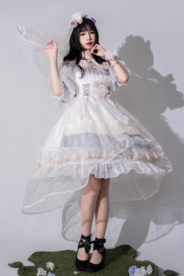 Princess Lolita Dress with Multi-Layer Ruffles, Bowknot, Lace-Up, Grey/Blue