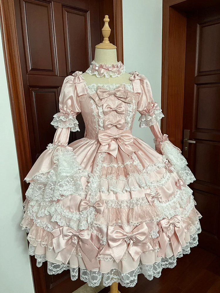 Sleeves Princess Bow Detachable with Dress Sweet High Waist Accents Lolita Pink