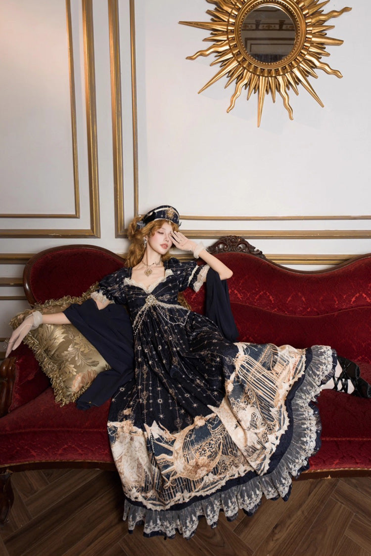 Unicorn V-Neck Short Sleeve Empire Print Bow Lace Elegant Lolita Gown