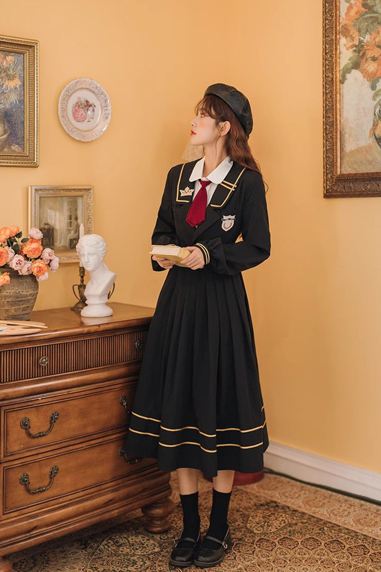 Black Embroidery Dress with Long Sleeves - College Style