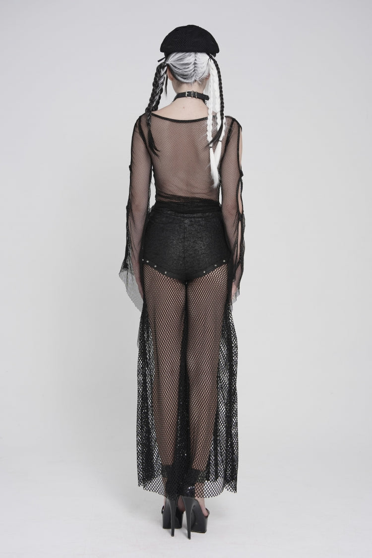Noir Punk Trousers with Mesh Panels and Metal Studs