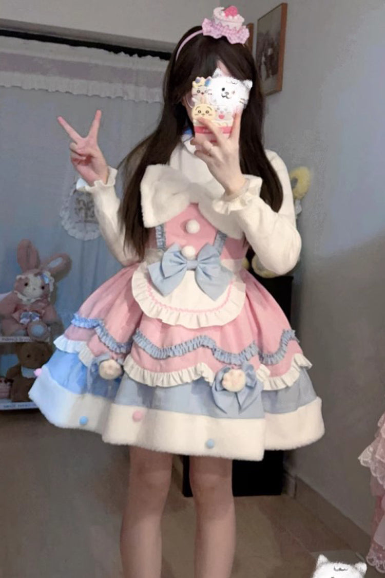 Winter Ruffle Bowknot Sweet JSK Dress in 3 Shades - Cream Snow Cat