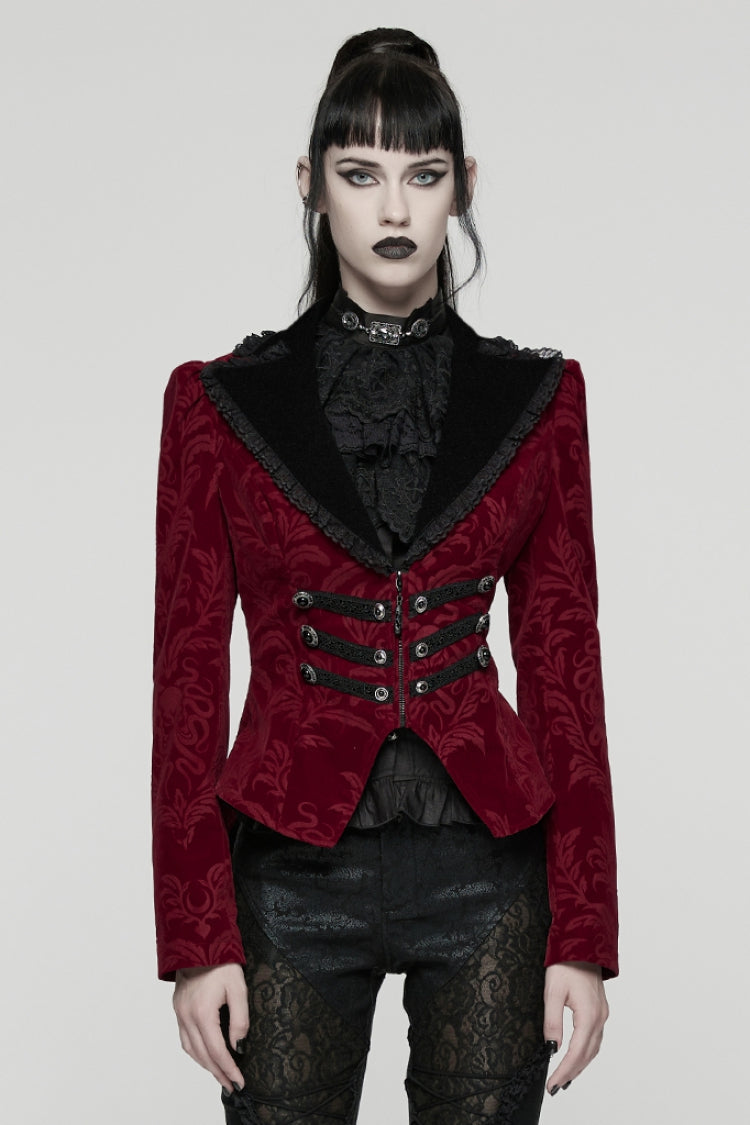 Scarlet Ebony Notched Collar Long Sleeve Laced Zipper Punk Jacket for Women