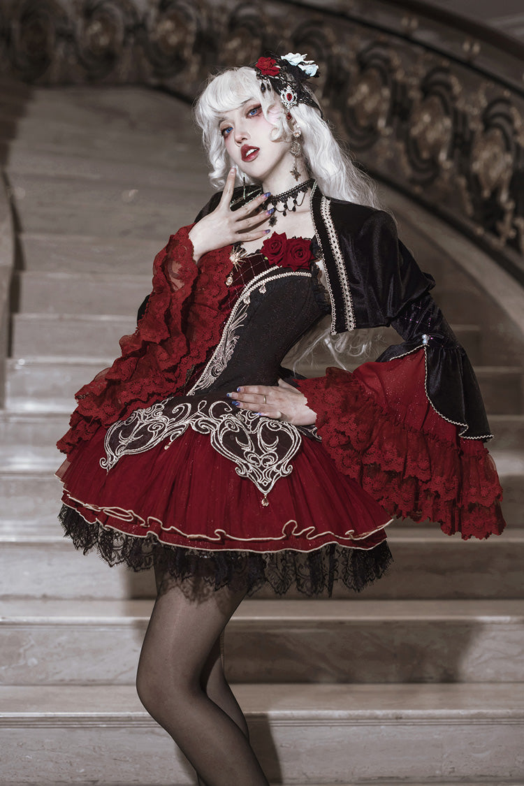 Black Red Blood Clan Feast Ruffle Embroidery Lace Gothic JSK Set
