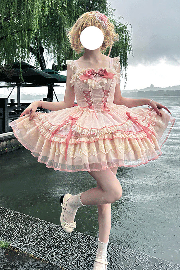 Magenta Sleeveless Ruffle Bow Lace Corset Sweet Jumper Dress - Candy House