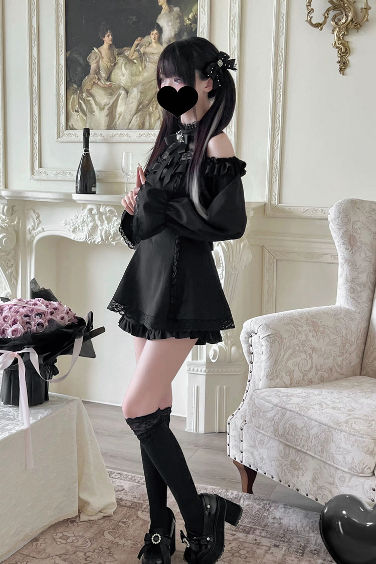 Sweet Off Shoulder Halterneck Long Sleeve Ruffled Bow Lace Jirai Kei Dress Shorts Set