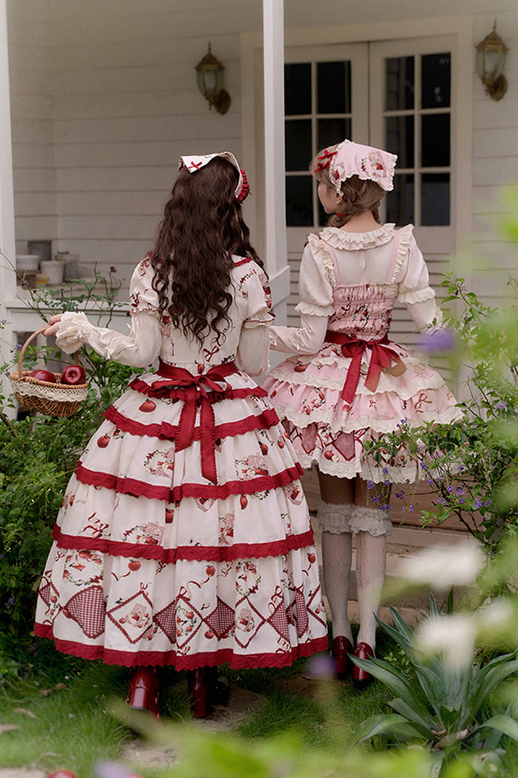 Crimson Beige Triple-Layered Apple Orchard Printed Ruffled Embroidered Sweet Lolita Maxi Skirt