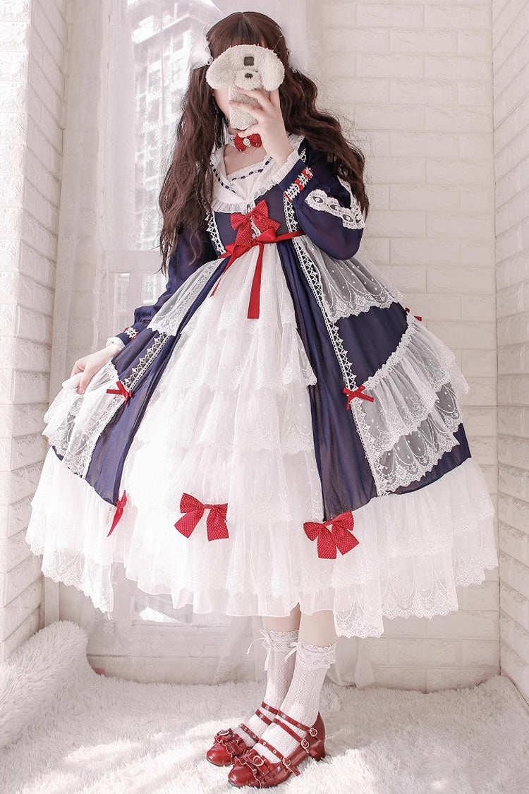 White-Blue Sweet Princess Lolita Long Sleeve Multi-Layer Ruffle Cardigan Dress