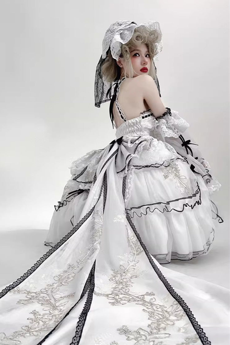 Cascade Poem Sleeveless Multi-Layered Ruffled Hanayome Bow Lace Gothic Plus Size Gorgeous Lolita JSK Short Dress - White