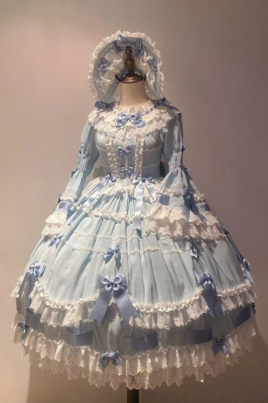 Blue Round Collar Long Trumpet Sleeve Bow Lace Elegant Princess Dress