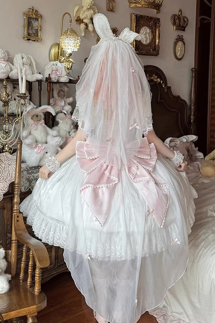 White Pink Snow of Love Ruffled Hanayome Open-Front Bow Lace Sweet Princess Dress
