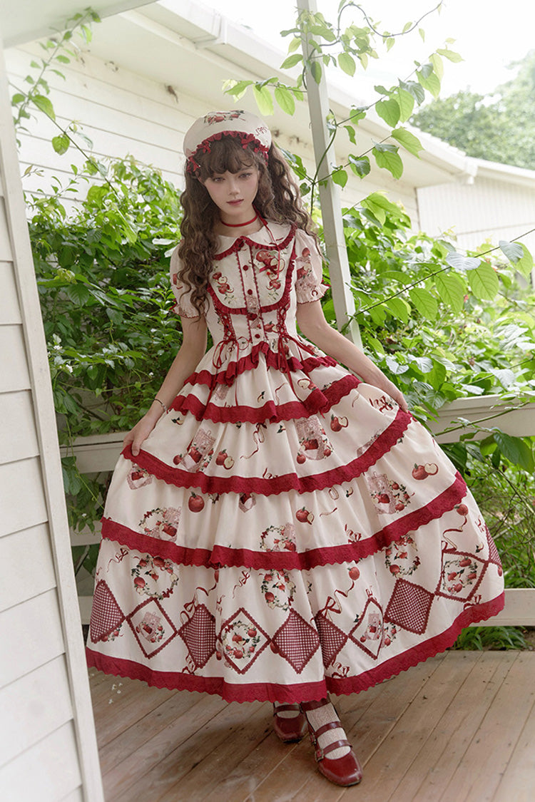 Crimson Beige Triple-Layered Apple Orchard Printed Ruffled Embroidered Sweet Lolita Maxi Skirt
