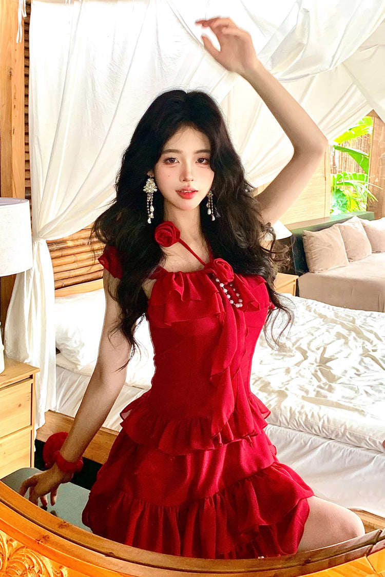 Crimson Three-Tier Frilled Bow Summer Holiday Sweet Lolita Gown