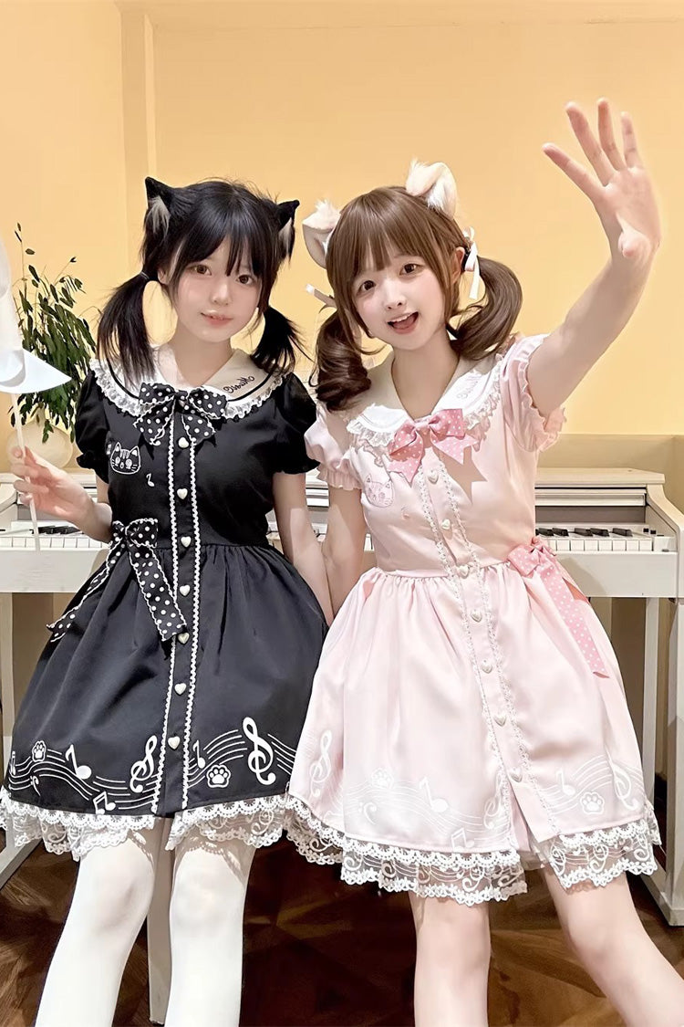 Black Melody Kitty Doll Collar Short Sleeves Ruffled Embroidered Bow Lace Sweet Dress