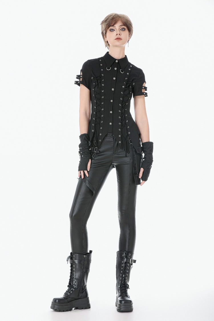 Punk Blouse with Turn-Down Collar and Lace-Up Eyelets