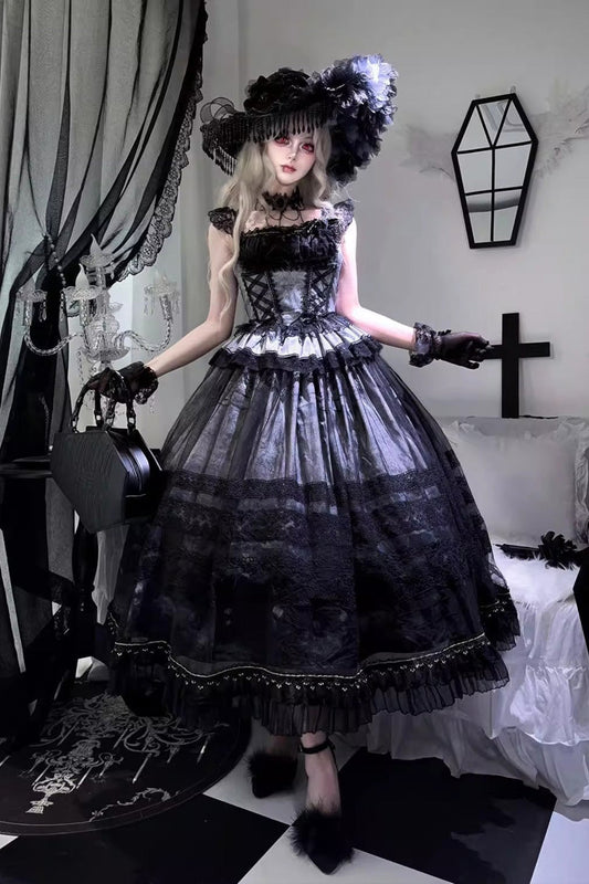 Sweet Lolita JSK Skirt Set with Ruffle Bowknot, Lace-Up, Grey/Blue Mist Vineyard