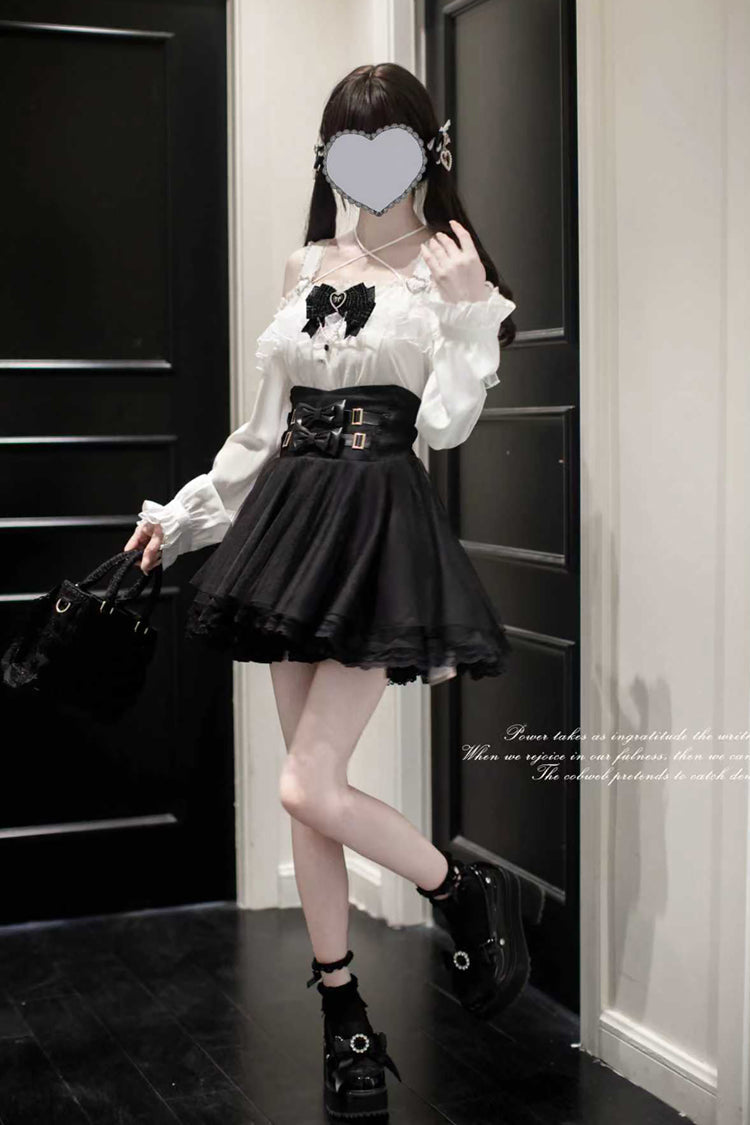 Black Bow Embellished Jirai Kei Skirt - Sweet Japanese Fashion