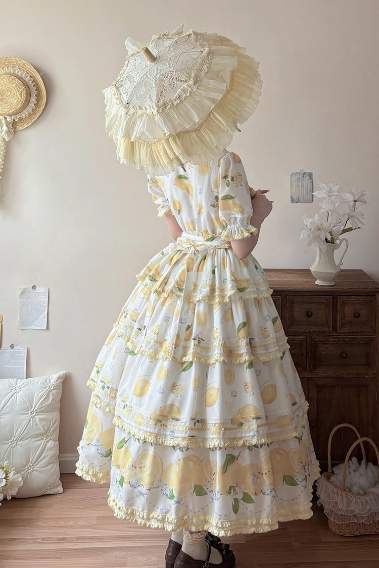Triple-Layered Print Ruffled Bow Lace Sweet Gorgeous Lolita Dress - White Lemon Chicken