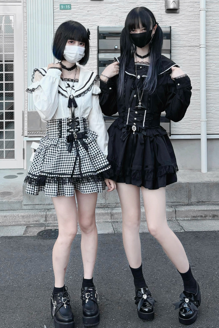 Black White Houndstooth Bow Lace Lace-Up Jirai Kei Skirt