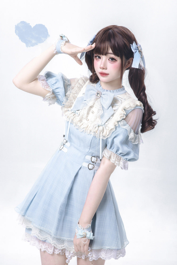 Short-Sleeve Plaid Ruffled Lace Jirai Kei Japanese Lolita Dress