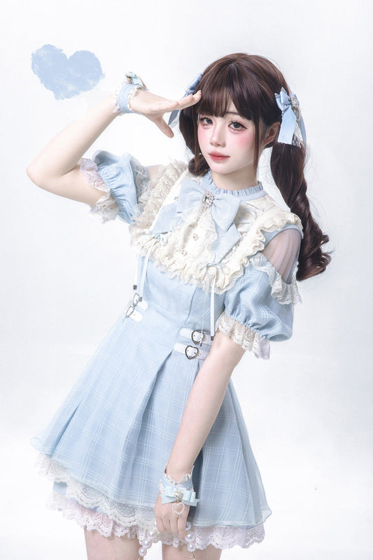 Short-Sleeve Plaid Ruffled Lace Jirai Kei Japanese Lolita Dress