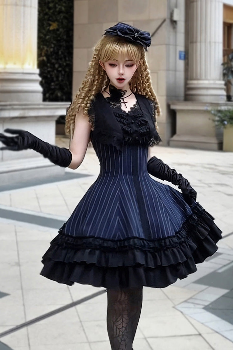 Escape Double-Layered Jacquard Striped Ruffled Slim Gothic Lolita Jumper Dress in Three Shades