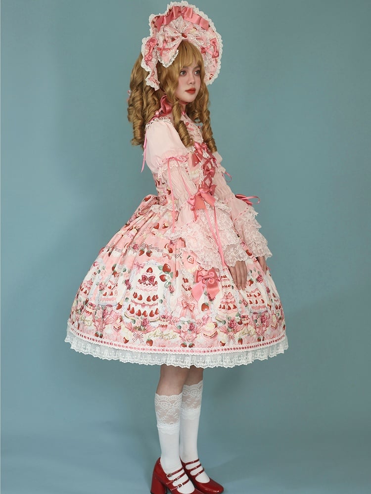 Accents Bow JSK Strawberry Print Full Sweet Set / Pink Desserts Lolita and
