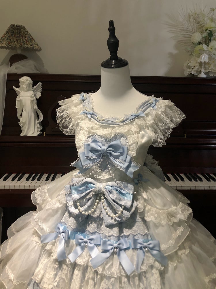 Dress Hime Tiered Skirt Lolita Bows and Hanayome White Blue Decoration