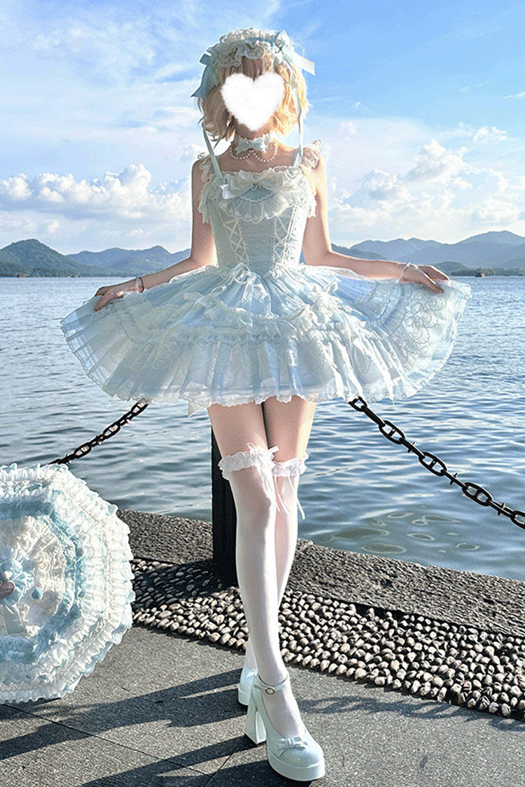 Cerulean Sleeveless Ruffle Bow Lace Corset Sweet Jumper Dress - Candy House
