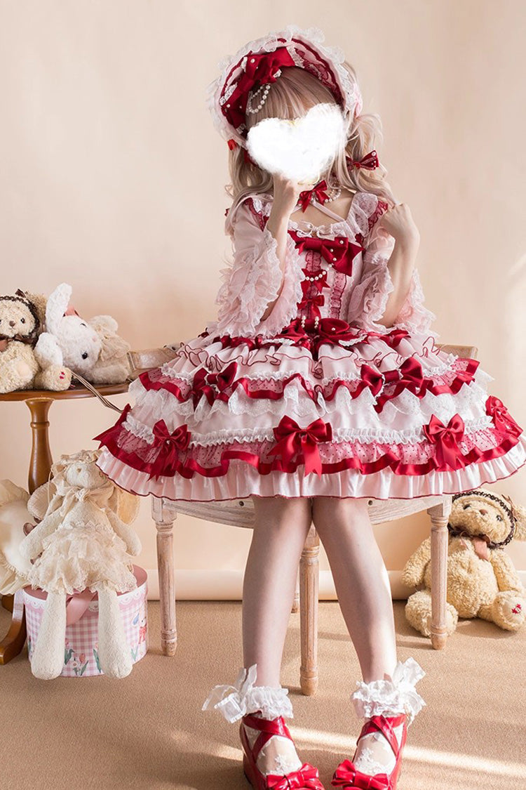 Ribbon Berries Sleeveless Multi-Layered Ruffled Bow Lace Sweet Lolita JSK Dress - Red