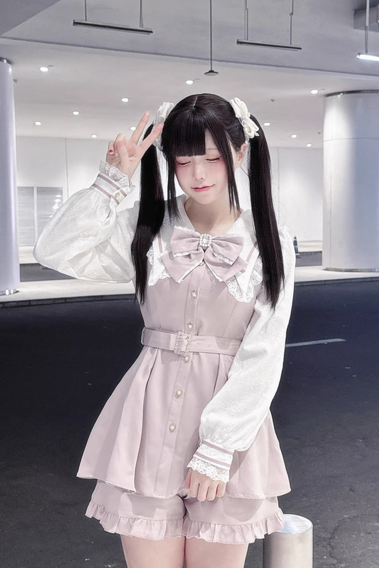 Lapel Collar Long-Sleeve Printed Ruffled Japanese Dress with Shorts in 4 Colors - Confession Fantasy