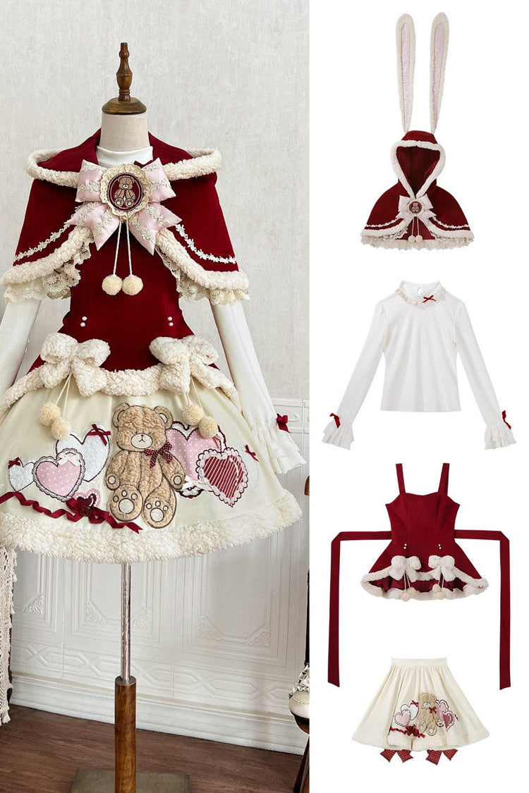 Scarlet Beige Heart Bear Embroidered Sweet Lolita Jumper Dress Ensemble