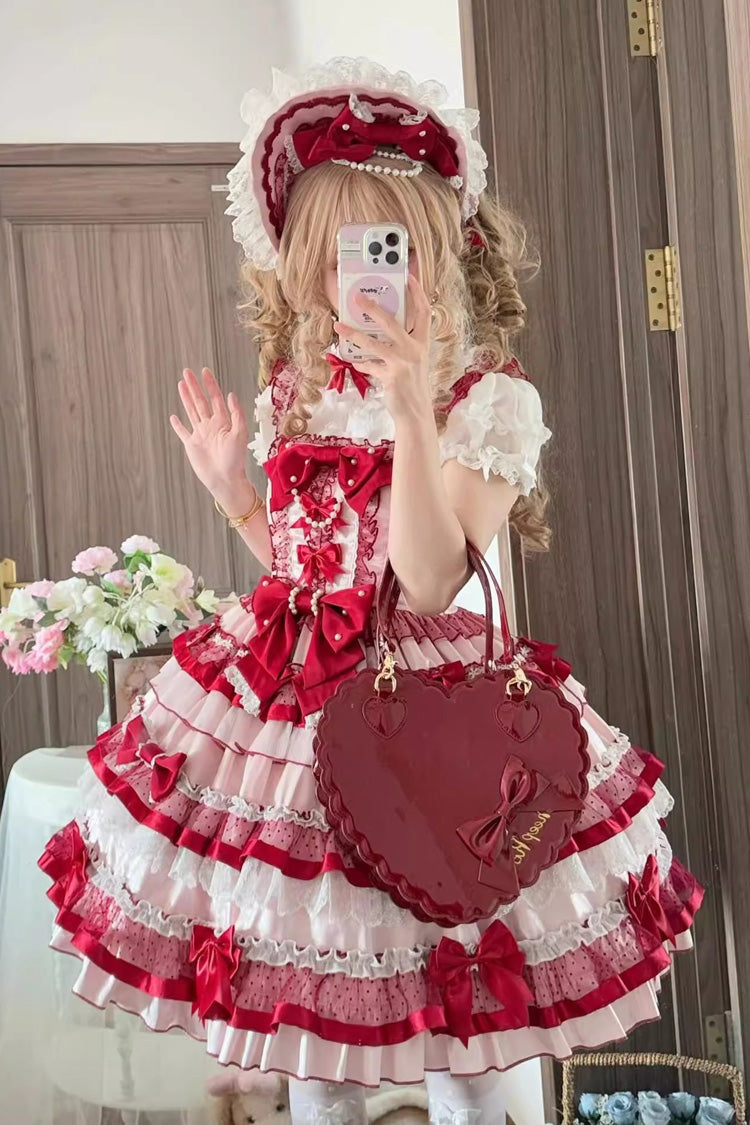 Ribbon Berries Sleeveless Multi-Layered Ruffled Bow Lace Sweet Lolita JSK Dress - Red