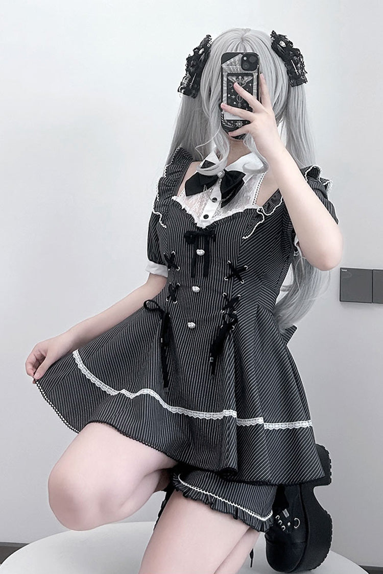Black Short Sleeve Striped Print Bow Lace-Up Gothic Plus Size Jirai Kei Dress