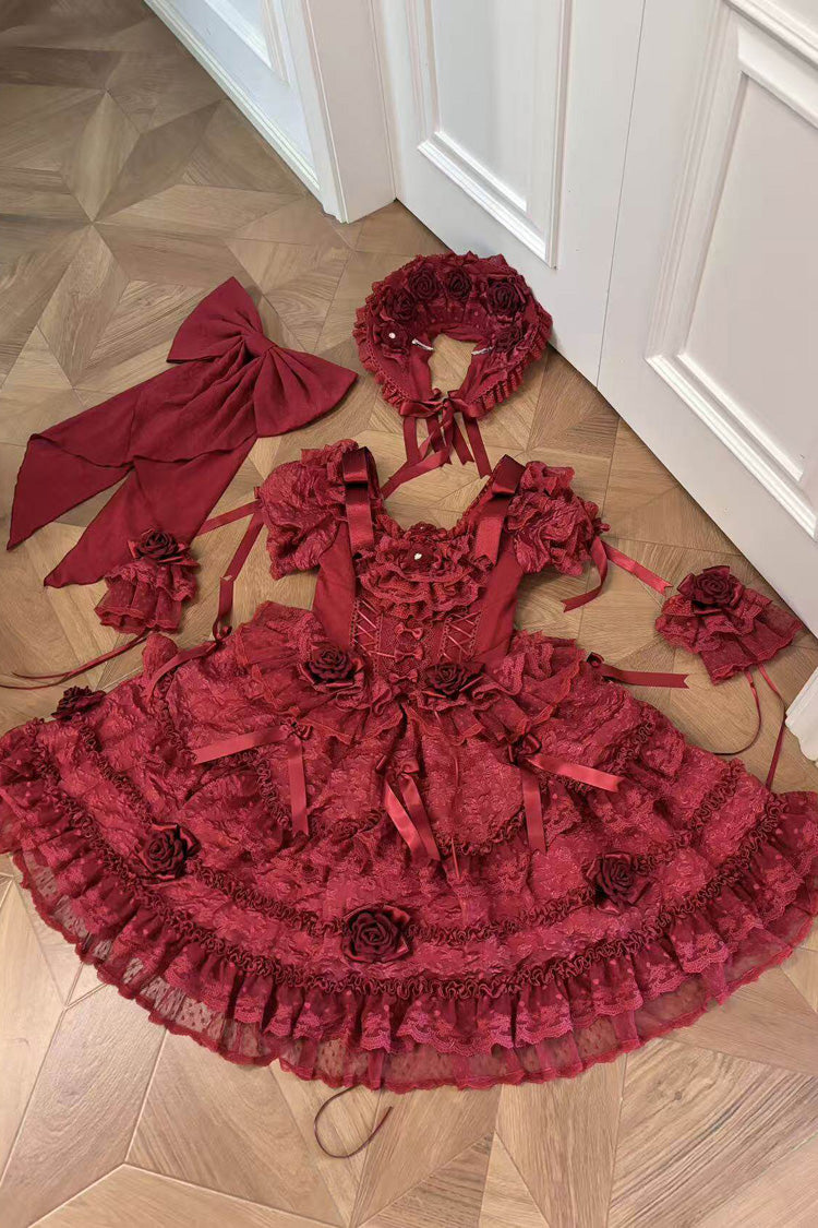 Crimson Rose Manor Square Neck Short Sleeve Ruffled Bow Lace Classic Lolita Gown