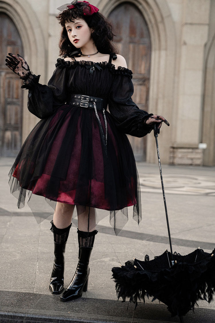 Black Boat Neck Metal Chain Organza Stitching Gothic OP Dress