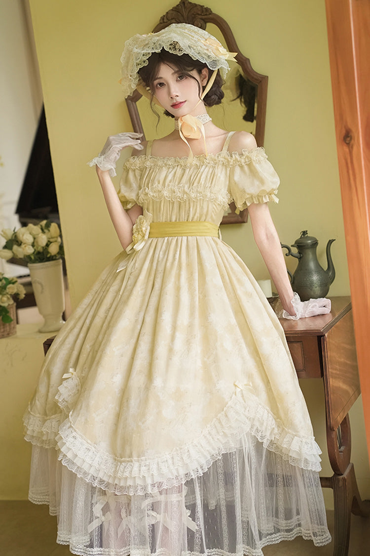 Golden Square Collar Short Sleeve Printed Ruffle Lace Sweet Elegant Long Gown - Falling Flowers as a Message