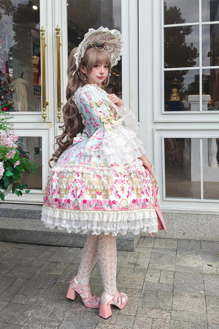 Mint Green/Pink [Rose Garden Prelude] Square Collar Long Trumpet Sleeves Printed Ruffled Bow Lace Lace-Up Sweet Lolita Dress