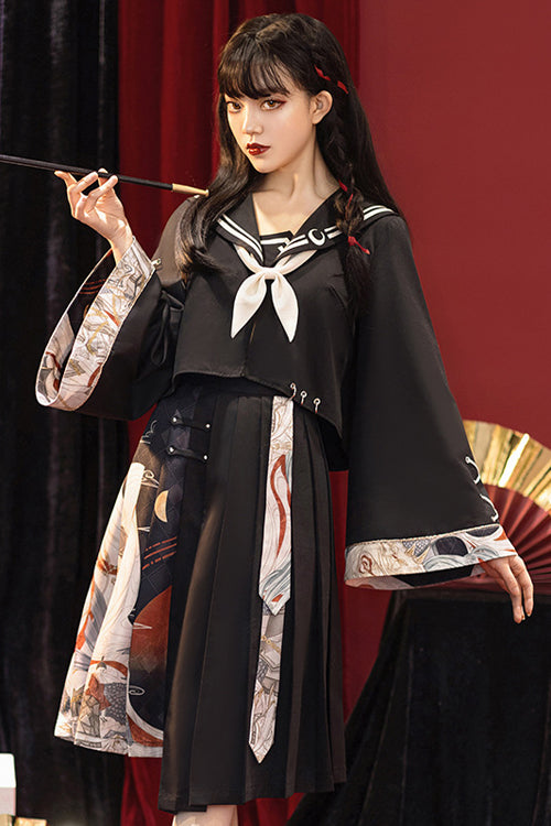 Classic Lolita Dress Set with Chinese Elements, Asymmetric Pleats and Bad Girl Print