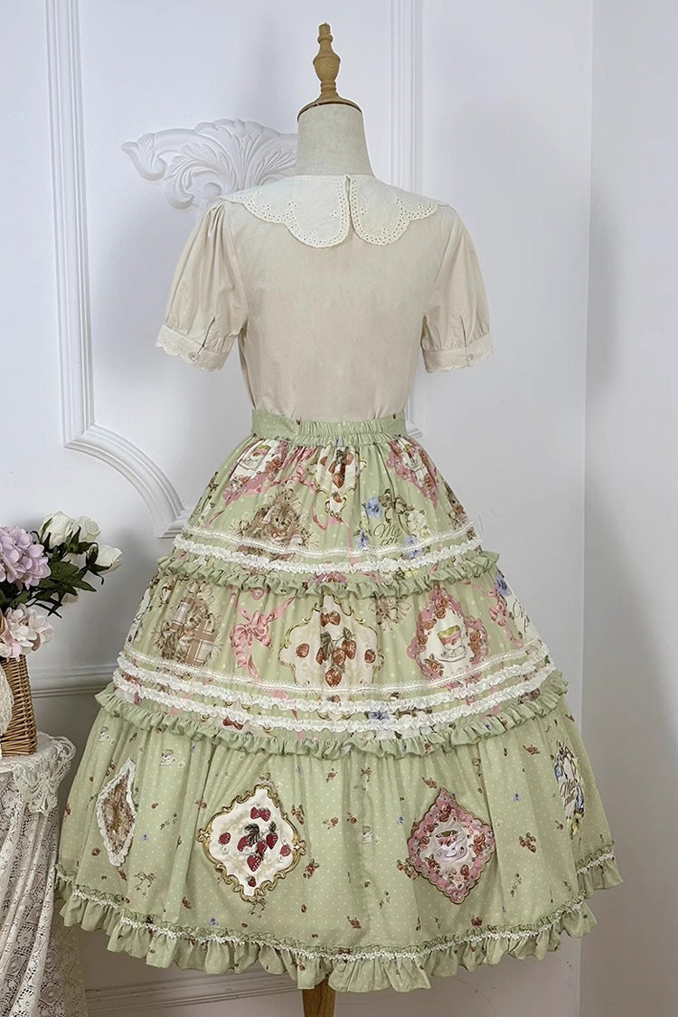 Green Cat Rose Tea Print Ruffle Sweet Lolita Skirt