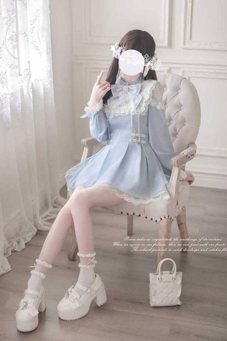Aqua Long Sleeve Bow Lace Sweet Jirai Kei Dress