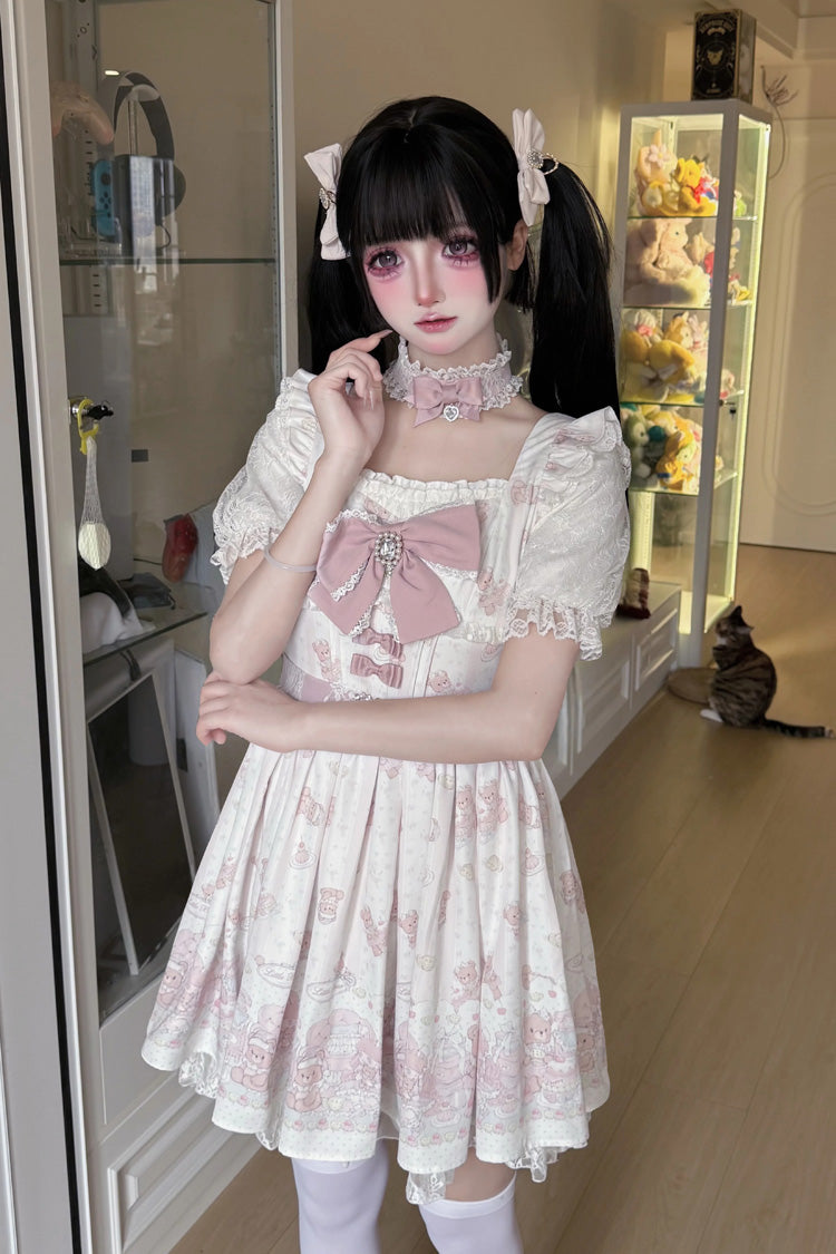 Teddy Bear Party Square Collar Dress with Ruffled Bow