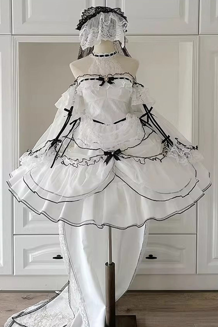 Cascade Poem Sleeveless Multi-Layered Ruffled Hanayome Bow Lace Gothic Plus Size Gorgeous Lolita JSK Short Dress - White