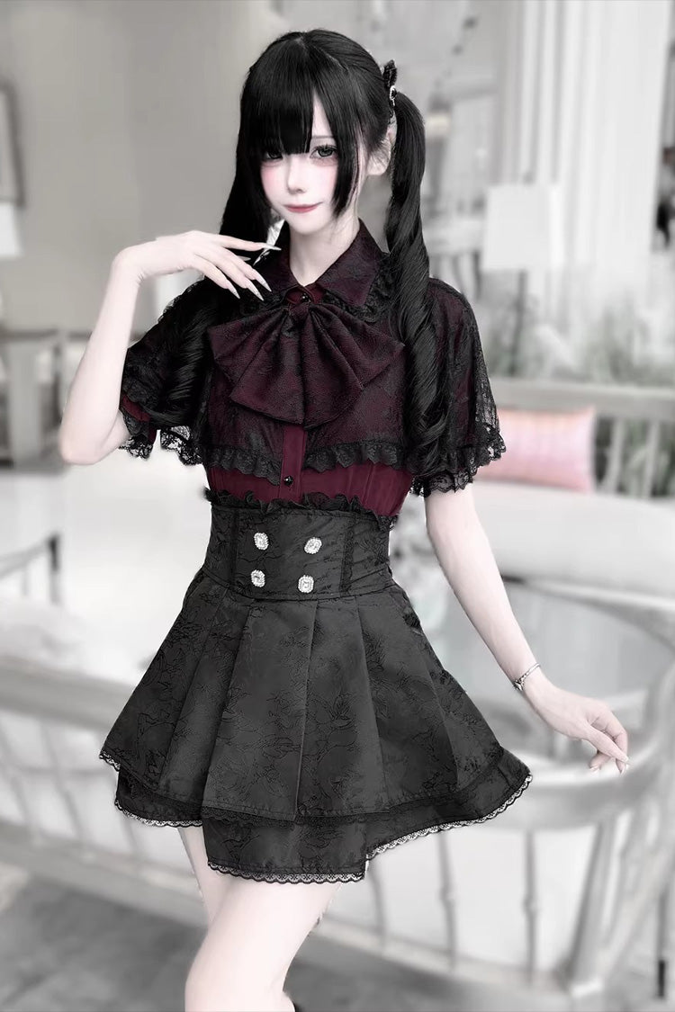Gothic Embroidered Ruffled Top and Skirt Set with Lace-Up - Dark Moon Shadow