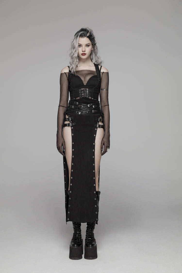 Steampunk Lace-Up Skirt with Sheer Panels and Metal Buckles