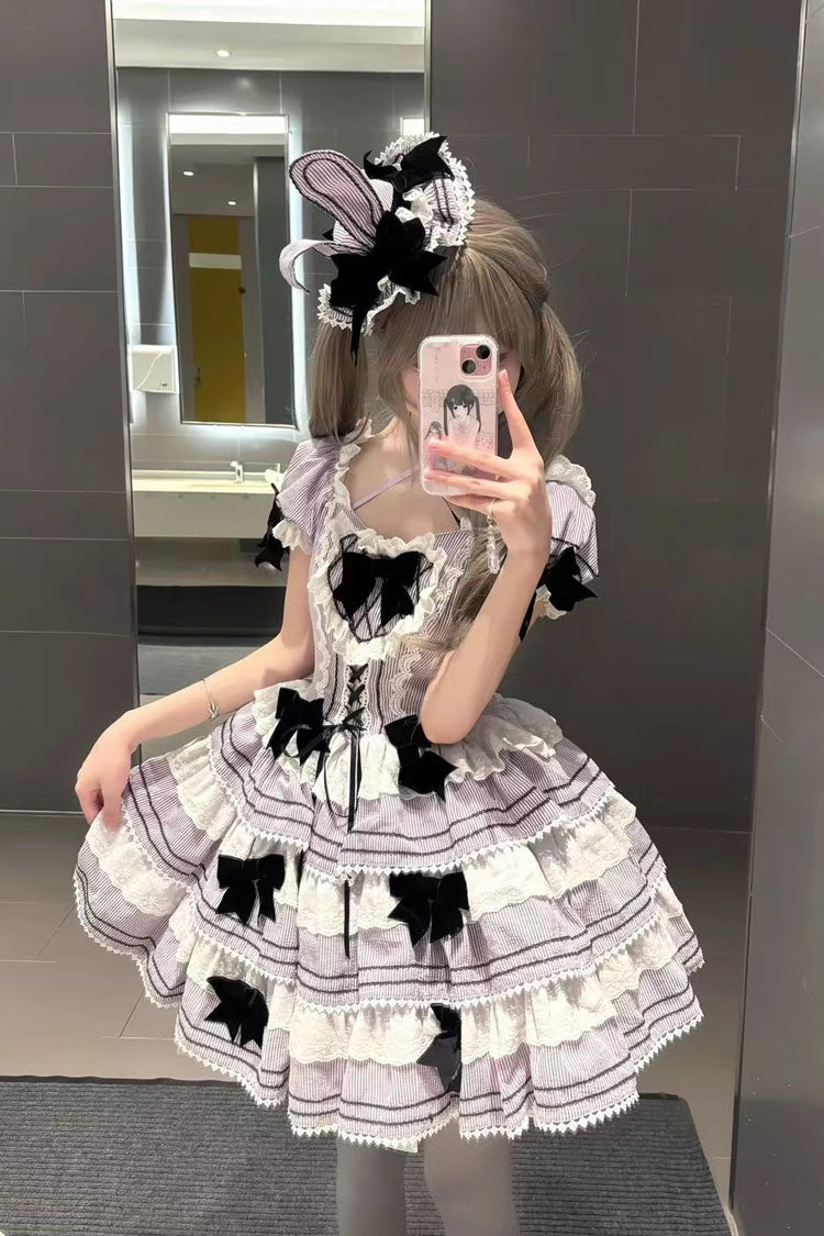 Triple Layer Short Sleeve Striped Ruffle Bow Lace Sweet Jsk