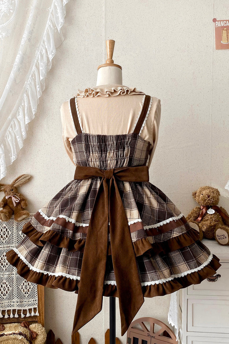 Brown Caramel Cocoa Double-Layered Print Ruffle Bow Sweet Lolita Jsk